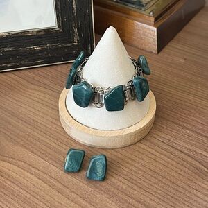 Vintage signed Germany silver tone green stone bracelet and clip on earring set